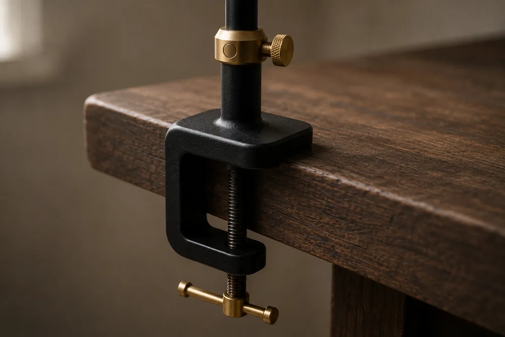 Black C-clamp base gripping the edge of a wooden bench, brass thumbscrew tightened underneath