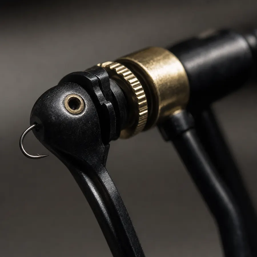 Close-up of the rotating brass-ringed jaw holding a hook