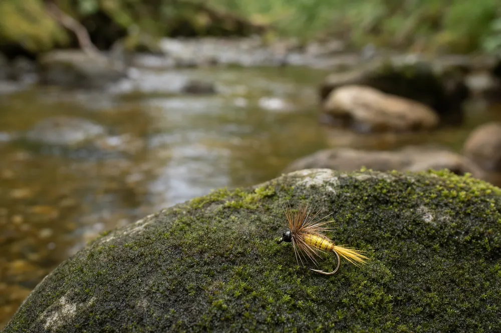 A hand-tied fly beside a clear trout stream