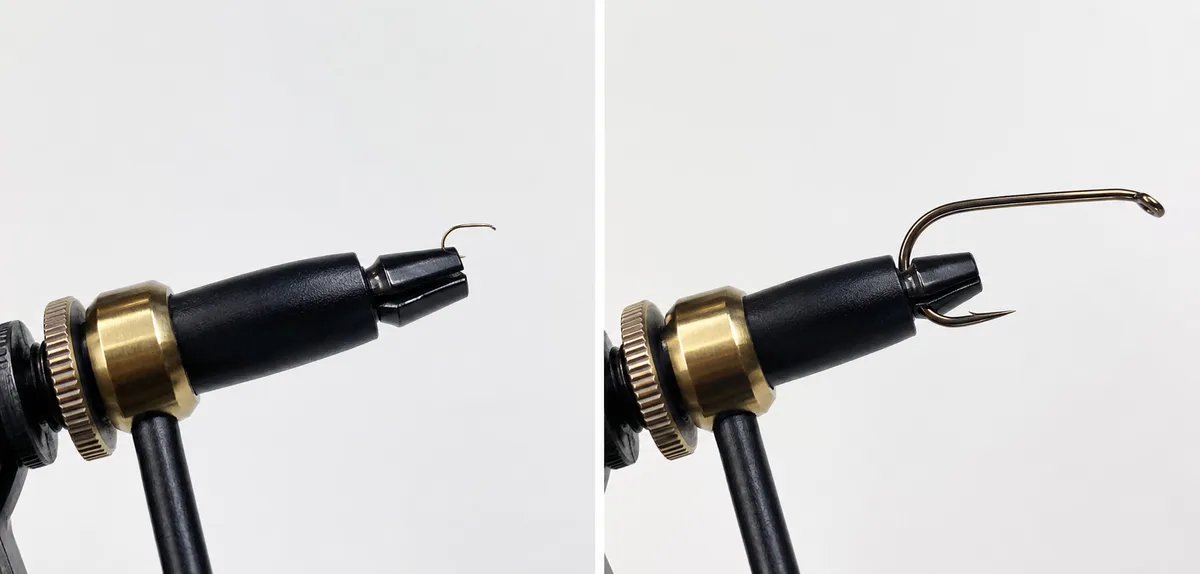 Two views of the rotary vise jaw: empty jaw tips on the left, a hook clamped by its bend on the right