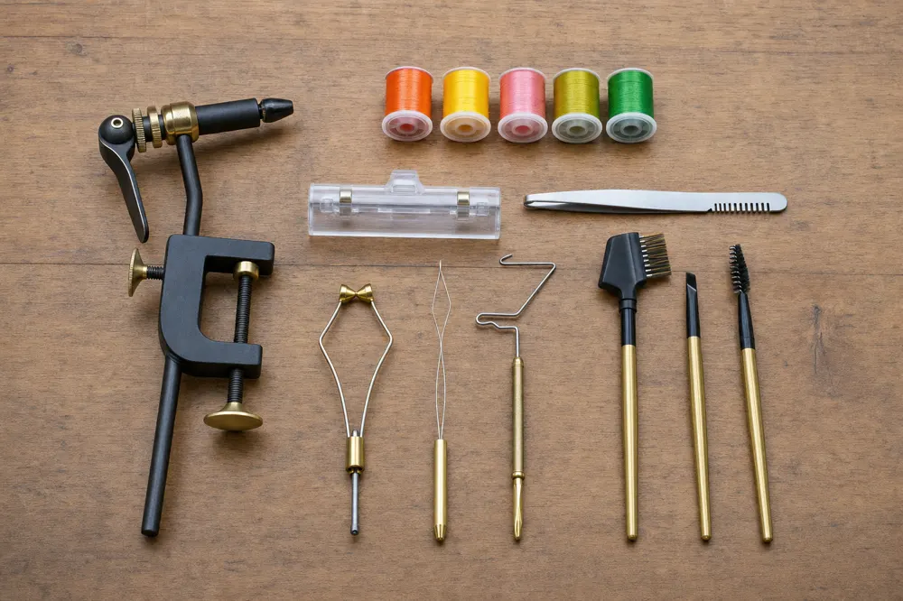 Tailwater vise with bobbin holder, tools, tweezers and five spools of thread