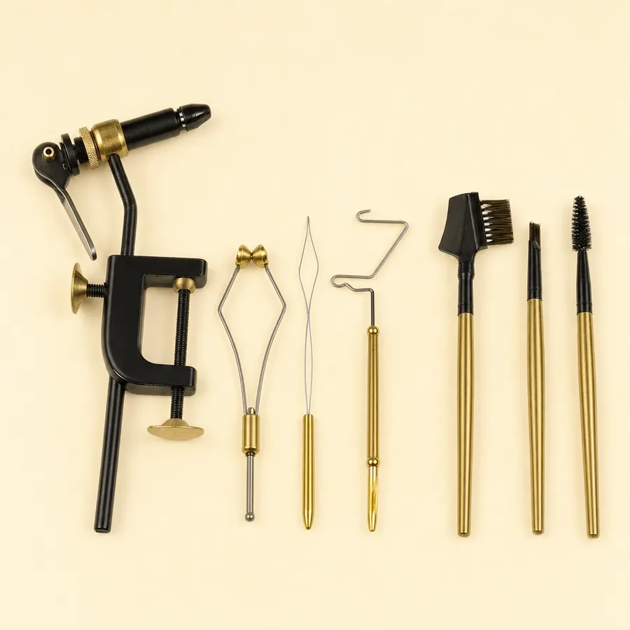 Tailwater vise with the full tool set: bobbin holder, dubbing twister, whip finisher and three brushes, no thread